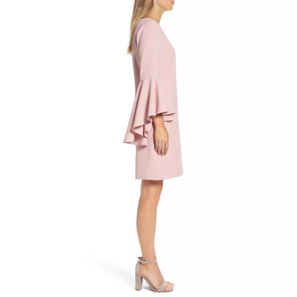 Eliza J Bell Sleeve Crepe Shift Dress Sz 14 Blush Pink Midi Length V Neck - Picture 7 of 14